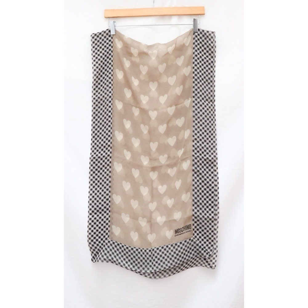 Moschino Silk Scarf Beige Hearts Print NWOT new plaid check lightweight